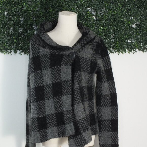 Vintage Carole Little Women's Black Gray Wool Jacket Plaid Wrap Double Button S - Picture 3 of 13